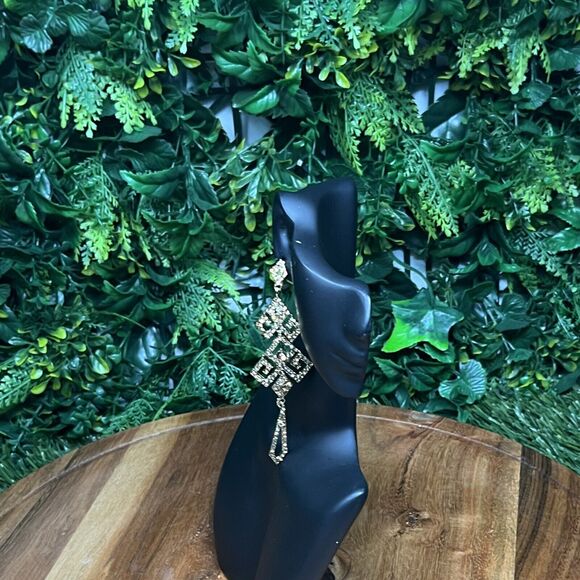 Earrings Women Gold Tone Bronze Stone Dangle Drop Formal Statement 4 Inches 2127 - Picture 3 of 6